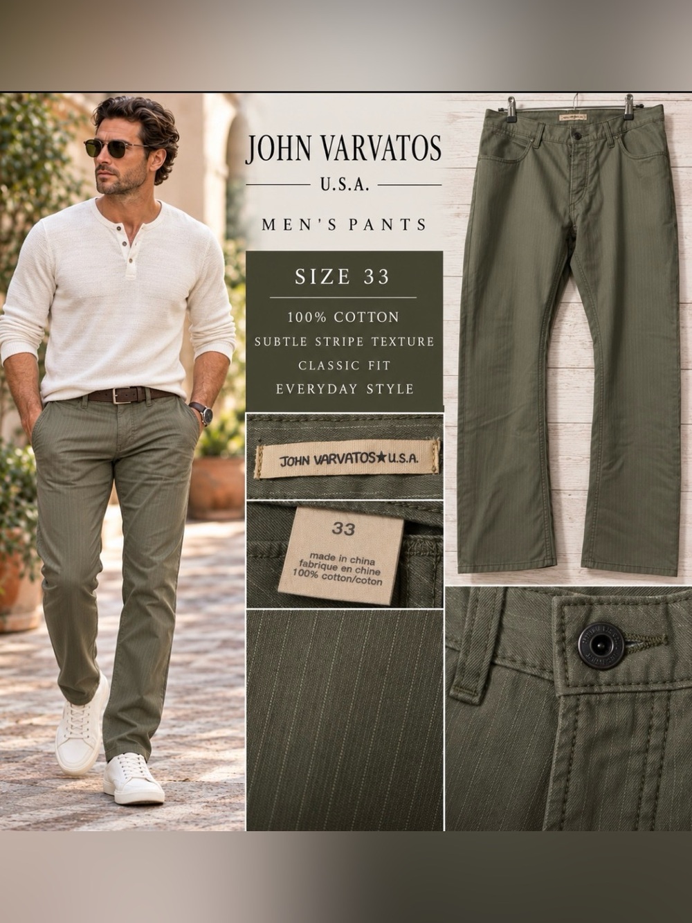 John Varvatos U.S.A. Men's 33 Olive Green
Herringbone 100% Cotton Pants